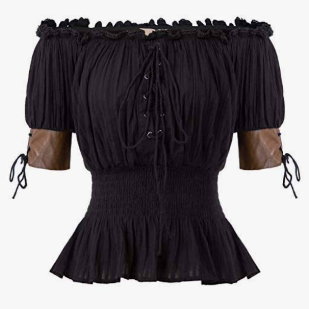 NWT Women Black Off-Shoulder Lace-Up Smocked Waist Peplum Blouse Top XL